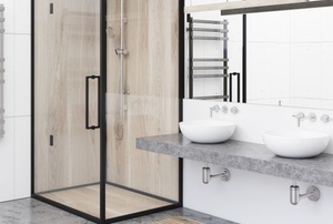 shower in corner next to sinks