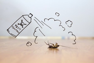 A cartoon spray bottle and a dead cockroach.
