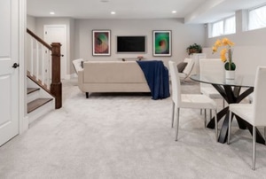 basement with carpet and furniture
