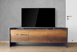 A TV on a stand.
