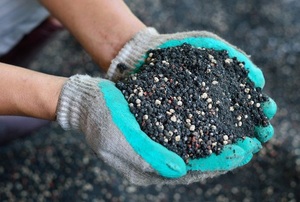gloved hands full of soil