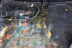 Jeans with a paint stain.