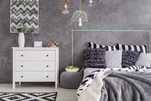 Gray, white, and black bedroom decor