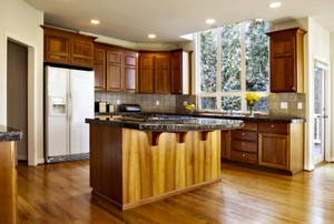 A kitchen island in a newly renovated kitchen.