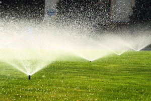 Sprinklers water the grass.