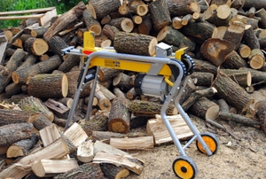 A log splitter next to a pile of cut wood.
