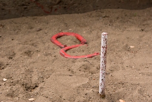 A pair of horseshoes in a horseshoe pit.
