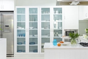 A room with glass cabinets.