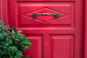 red door with greenery to the left