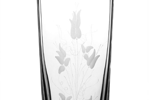 A close-up of etching on a crystal vase.