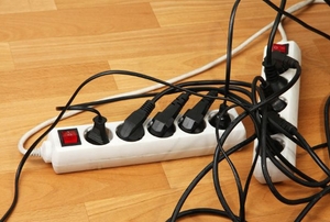 A tangled mess of electrical cords.