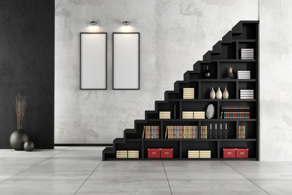 A staircase with bookcases. 