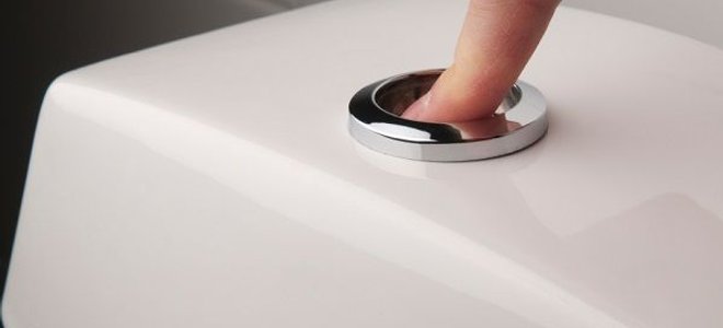 pushing flush button on a toilet