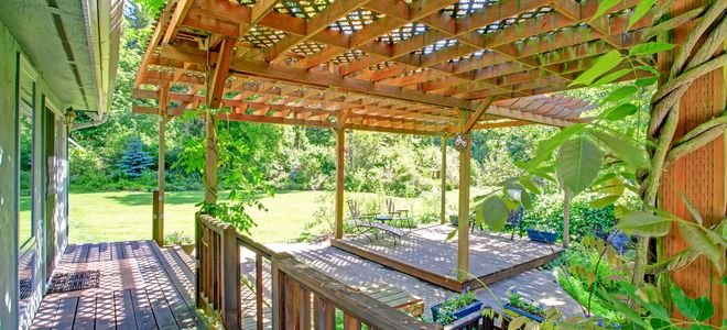 wood deck with trellis roof and growing plants