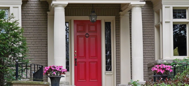 A house with a red door. 