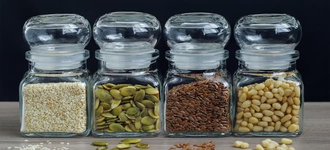 Seeds in glass jars. 
