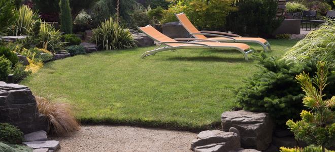 A landscaped backyard with a pair of orange lounge chairs.