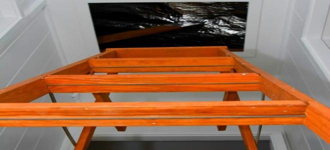 Looking up a ladder at an attic entrance.