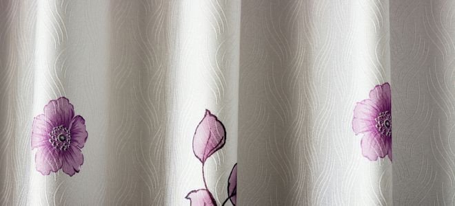 white curtain with purple flower print