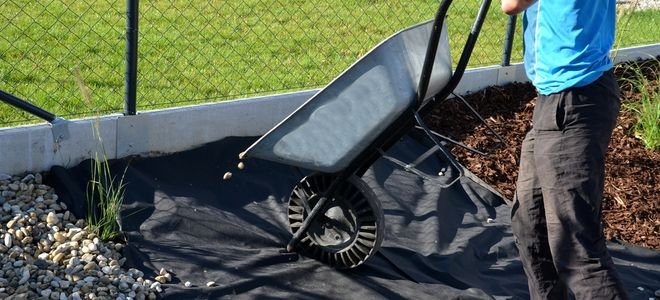 wheelbarrow on tarp over grass