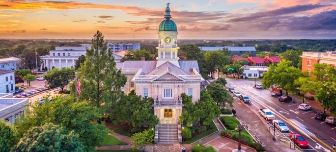 church in small town in Georgia at sunset