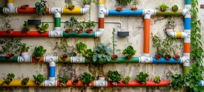 A garden planted in colorful pipes.