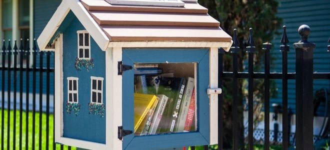 a little free library painted like a house