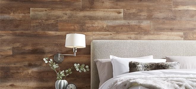 Lumber Liquidators Wood-Look Tiles as Wall Planks in a Bedroom