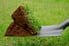 A square point shovel being used to dig a hole in the grass.