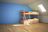 kids bunk beds in an otherwise empty room with a blue wall and wood floor