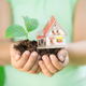 A child holding a pile of soil and a small house next to a leafy plant. 