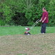 A man using a power rake to dethatch a lawn. 