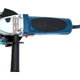 A blue and black angle grinder is plugged in a ready to use.