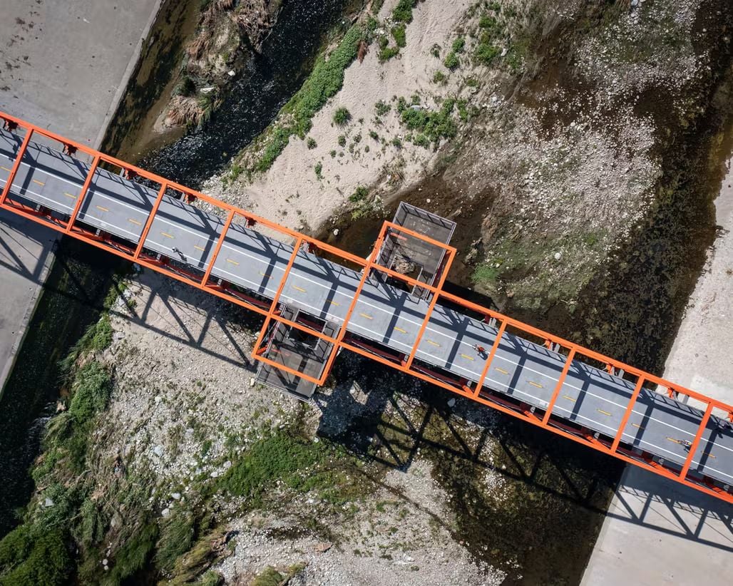Aerial view of the recently completed Taylor Yard Pedestrian Bridge north of downtown Los Angeles. 