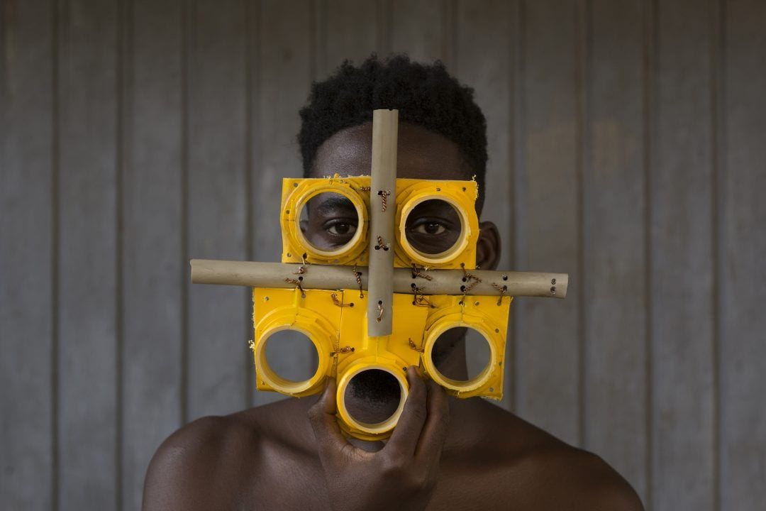 Artist Serge Attuwei Clottey's One-of-a-Kind Recyclable Face Mask, as featured in the Vicki Myhren Gallery's new 