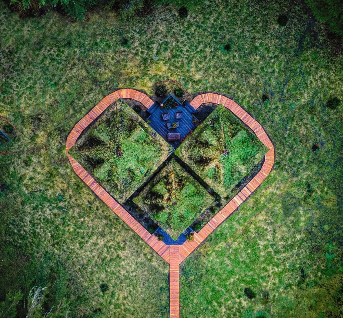 Aerial view of couple Jacob Witzling and Sara Underwood's Castle Cabin.
