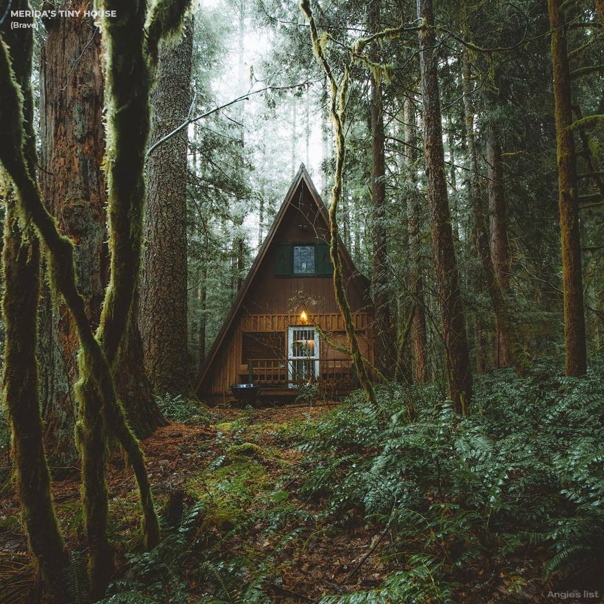 The cabin-like exterior of Princess Merida's tiny home (Brave).