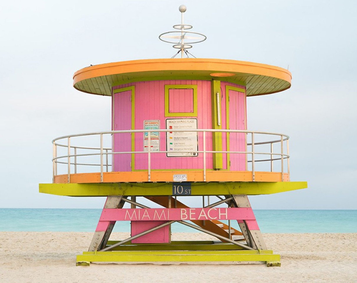 Colorful pink and yellow Miami Beach lifeguard tower photographed by Tommy Kwak and featured in his new book 