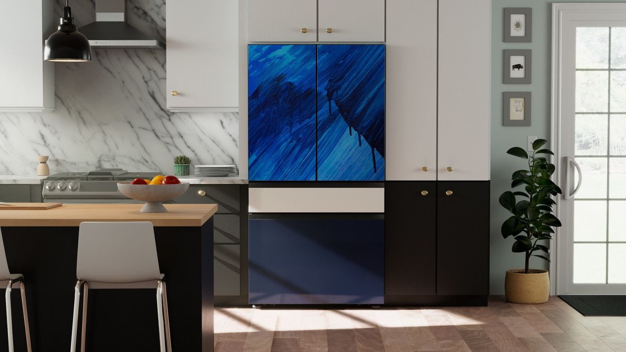 Striking blue refrigerator panels by Alexa Meade, designed for Samsung Bespoke and Lowe's collaborative line of artful fridge panels. 