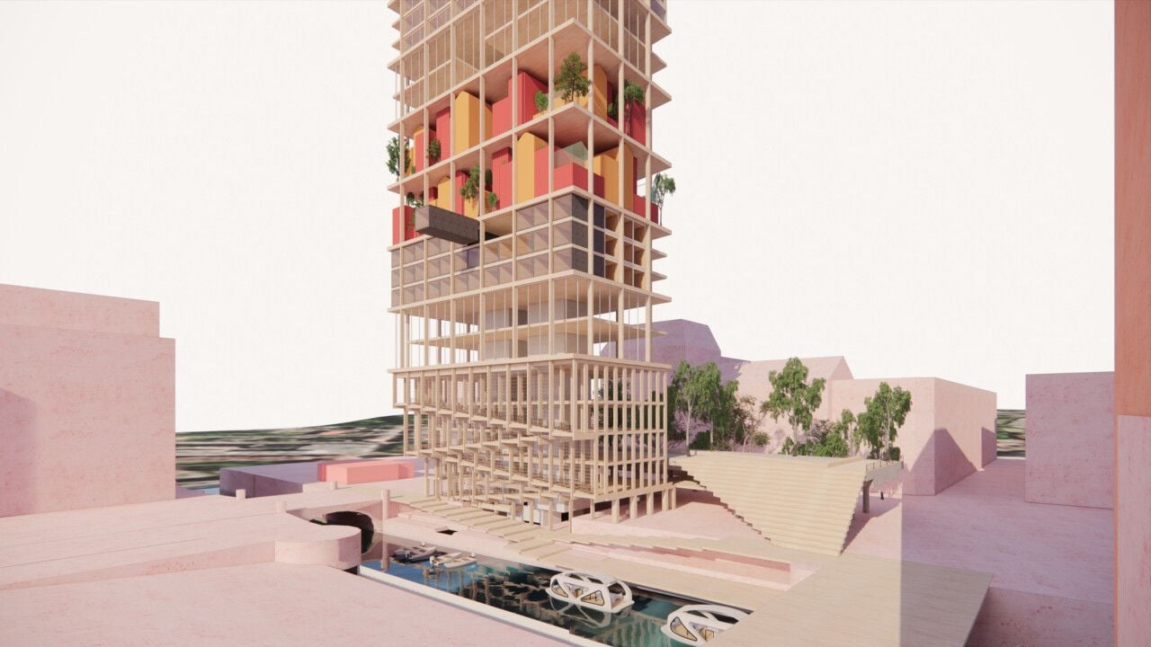 Computer graphic shows the base of Oslo's Regenerative High-Rise tower under construction.