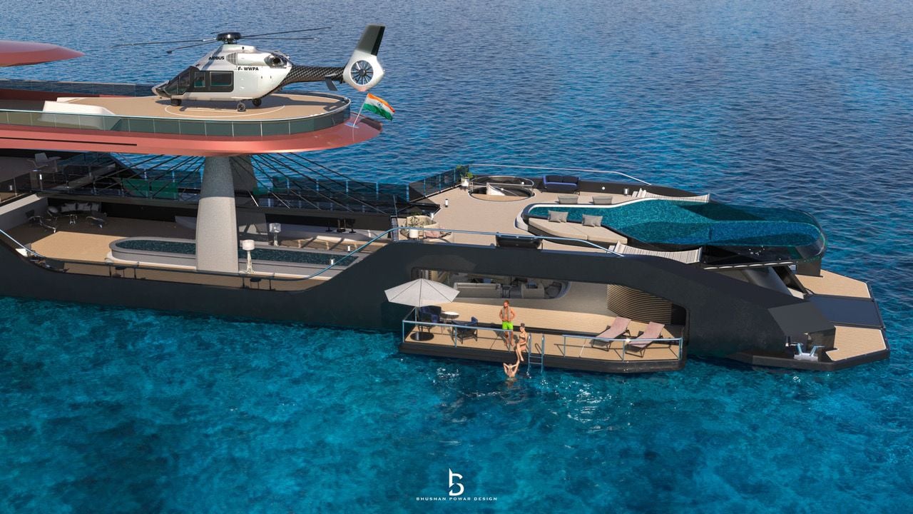 Helicopter lands on a large helipad on the Zion superyacht's uppermost deck.