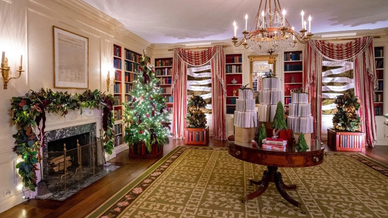 White House library features decor inspired by literature, history, and education for the 2022 holiday season.