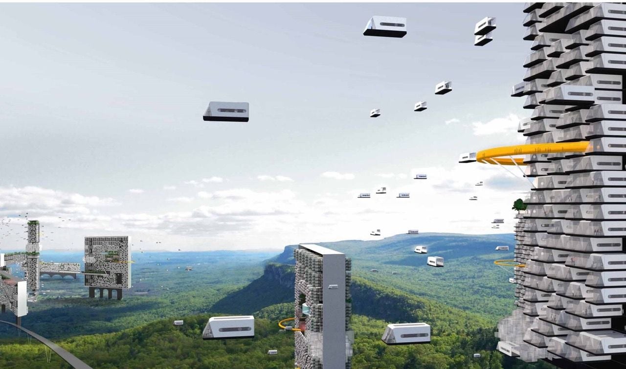 Flying cars zip between tower communities in O2 Design Atelier's 
