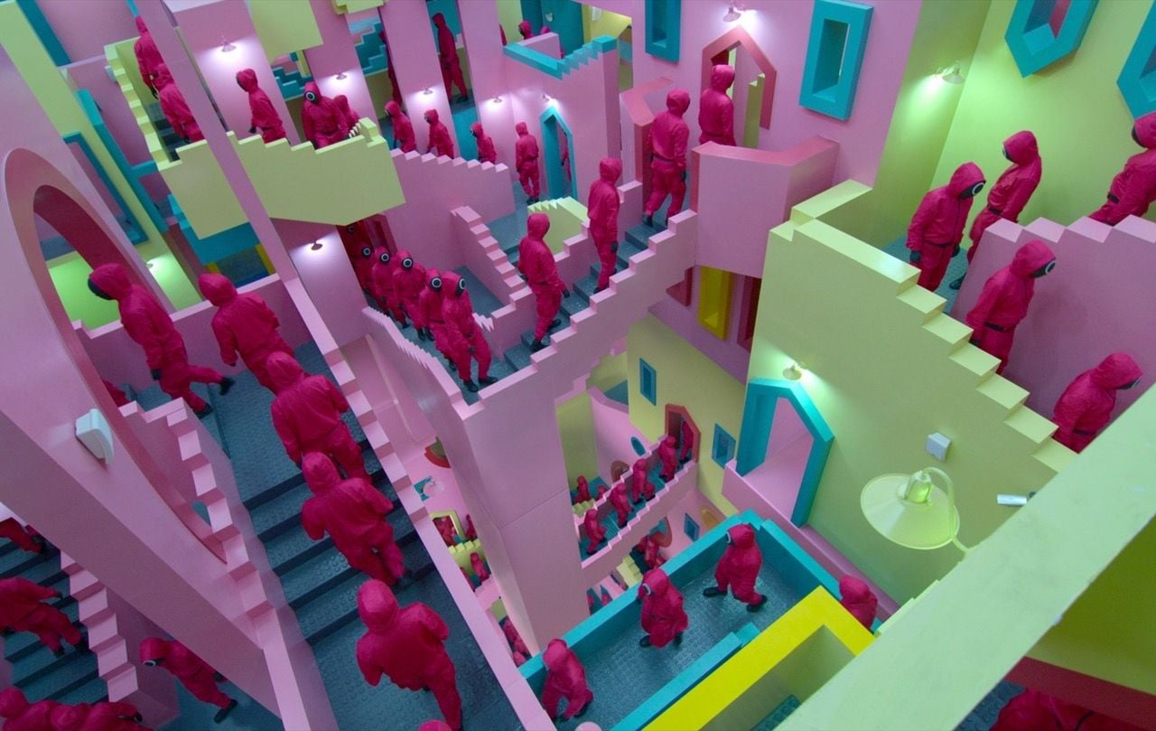 Colorful M.C. Escher-like staircases prominently featured in the Netflix hit show 