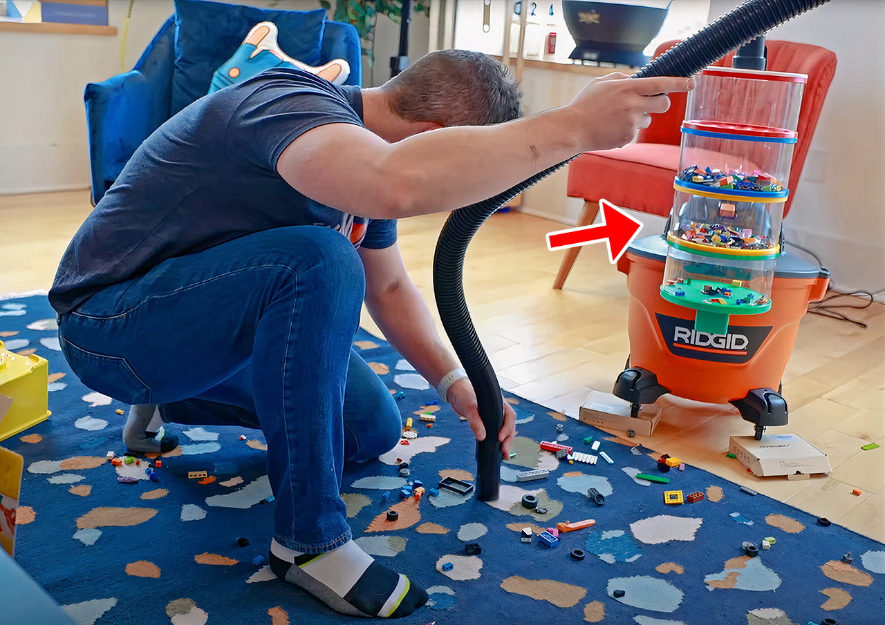 Youtuber Matty Bendetto makes quick work of a toppled LEGO set with his innovative LEGO vacuum.