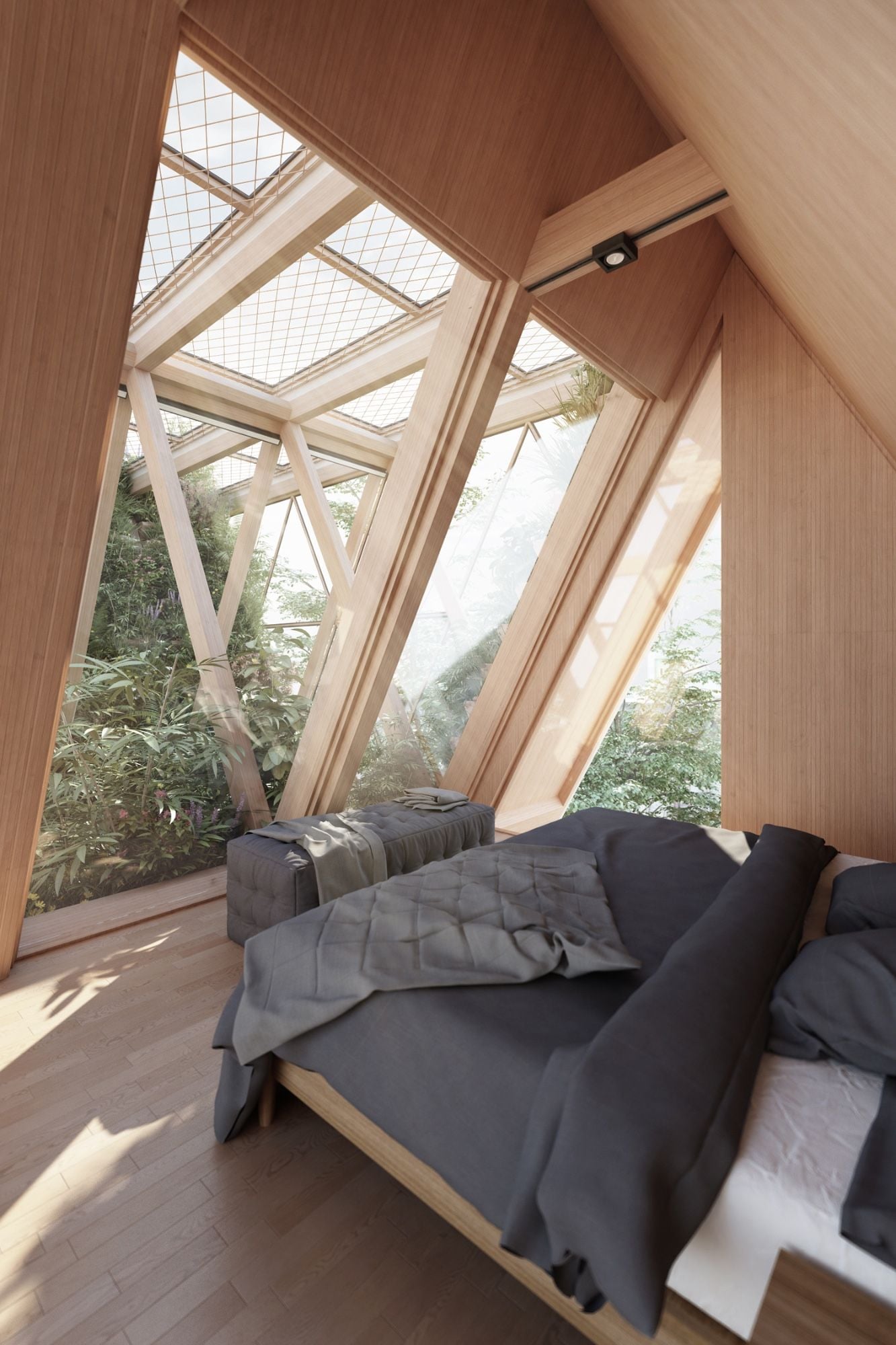 A bedroom inside the timber-built Farmhouse 