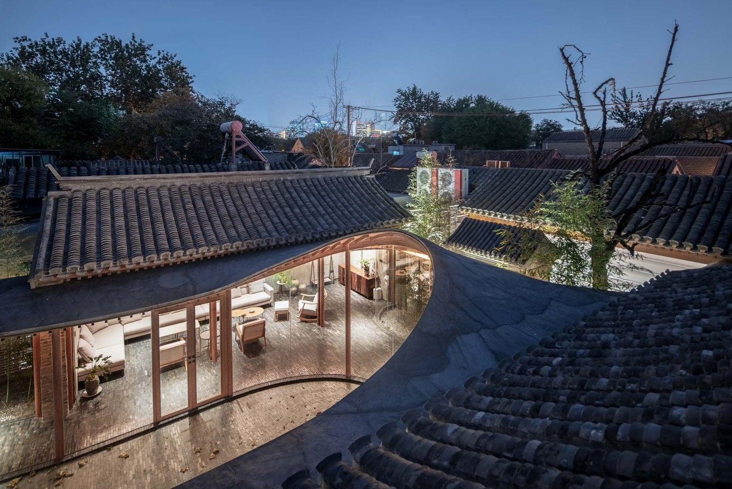 An aerial view of the Qishe Courtyard's front-most courtyard.