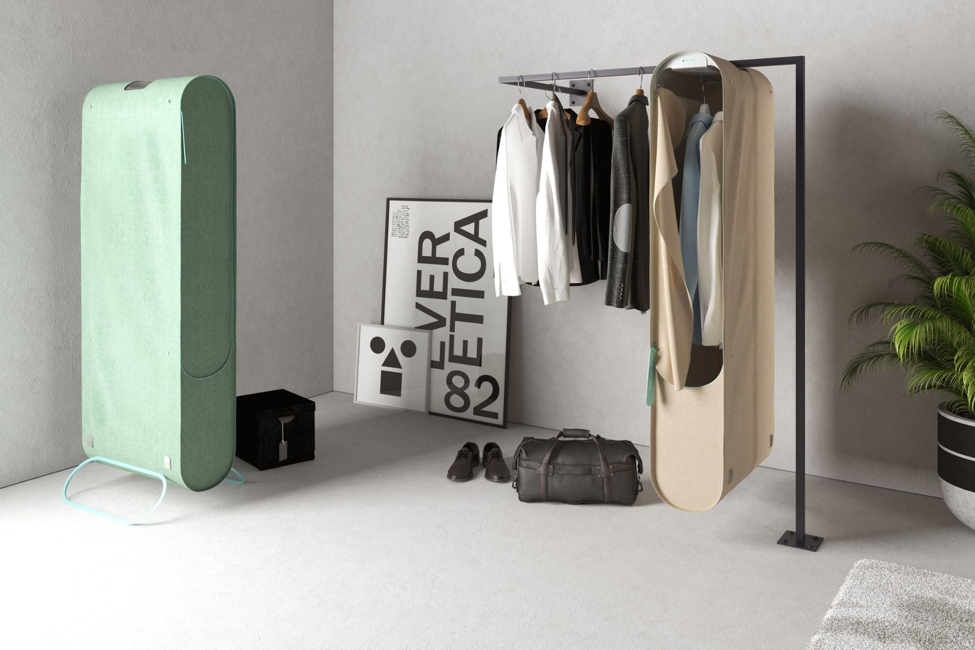 The Pura-Case hangs neatly on a standard clothing rack. 