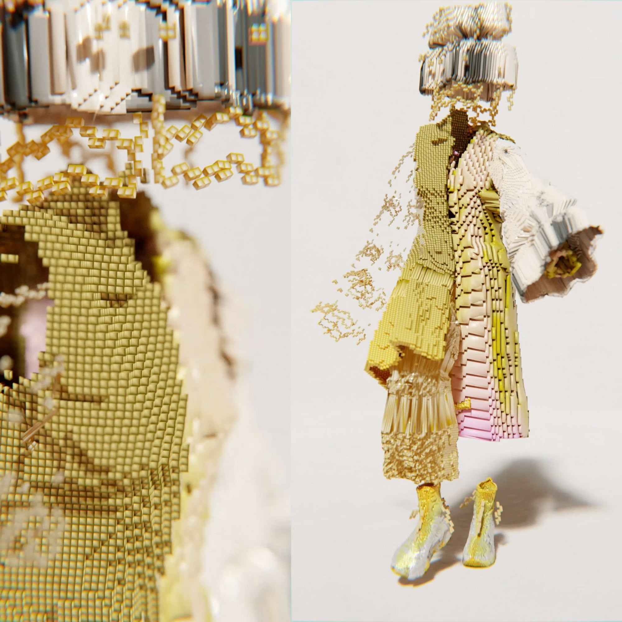 Pixelated gold outfit featured in Latvian artist Santa Kupča's 