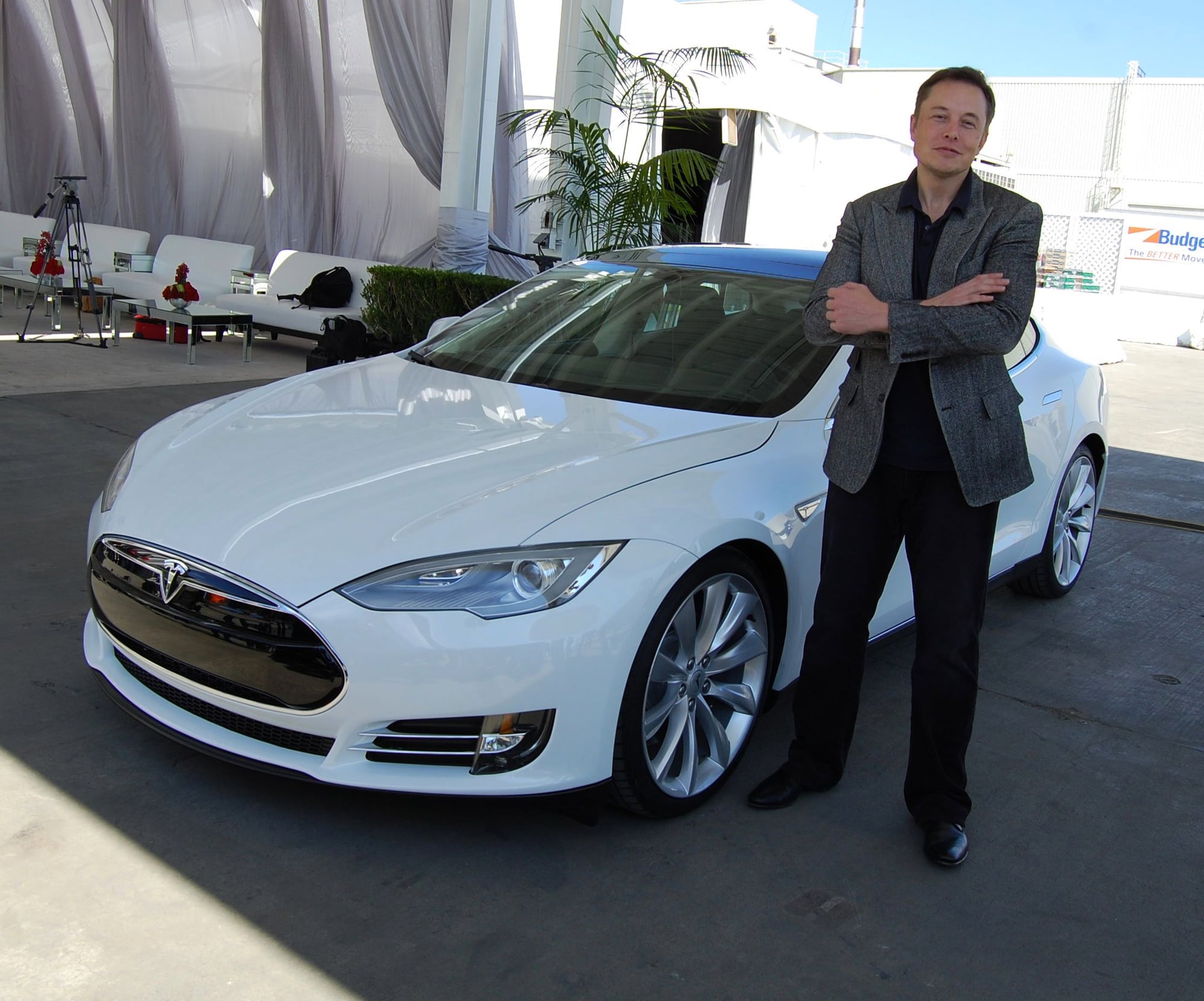 Elon Musk stands next to one of his signature Tesla electric cars.